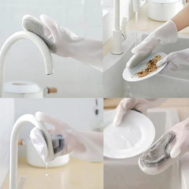 Alt view image 5 of 7 - 2 Pair Dishwashing Gloves with Scrubbing Bristles Dishes Washing Glove Brush Scrapper for Household Cleaning Kitchen Bathroom Car Garden
