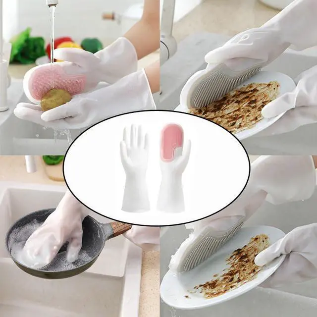 Alt view image 6 of 7 - 2 Pair Dishwashing Gloves with Scrubbing Bristles Dishes Washing Glove Brush Scrapper for Household Cleaning Kitchen Bathroom Car Garden