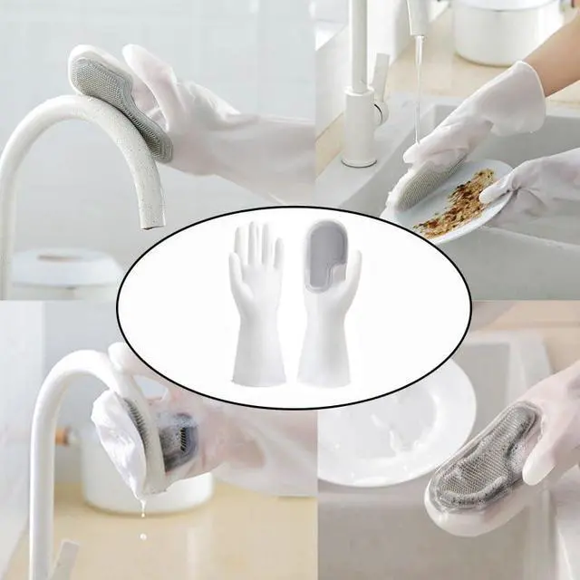 Alt view image 7 of 7 - 2 Pair Dishwashing Gloves with Scrubbing Bristles Dishes Washing Glove Brush Scrapper for Household Cleaning Kitchen Bathroom Car Garden
