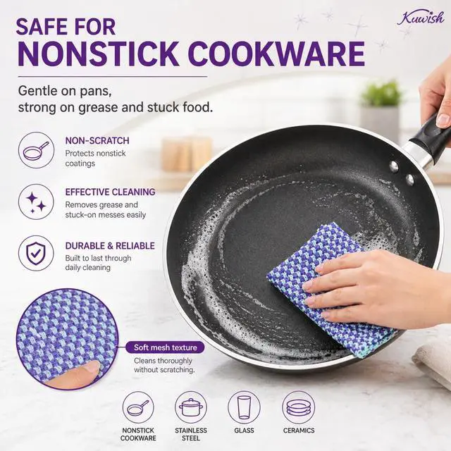 Alt view image 4 of 7 - Korean 3 pack Dish Scrubber Non-Scratch Double-Sided Mesh Scrubber for Dishes Pots Pans Odor-Free Quick-Dry Reusable Sponge Alternative Non-Stick Safe Cleaning Scrubber