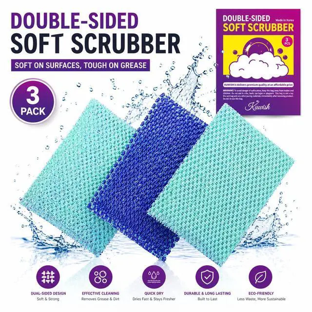 Alt view image 6 of 7 - Korean 3 pack Dish Scrubber Non-Scratch Double-Sided Mesh Scrubber for Dishes Pots Pans Odor-Free Quick-Dry Reusable Sponge Alternative Non-Stick Safe Cleaning Scrubber