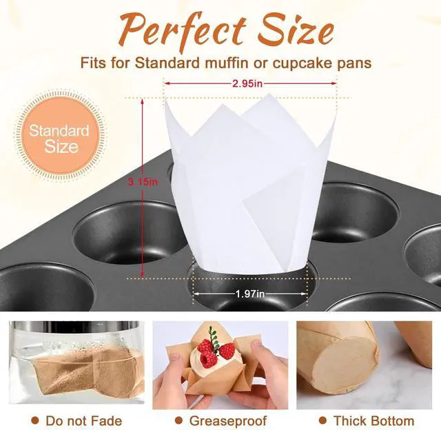 Alt view image 2 of 7 - 200pcs Tulip Cupcake Liners for Baking Cups, Excellent Muffin Liners, Unbleached Parchment Paper for Baking, Grease Resistant Cupcakes Wrappers for Party, Christmas by Kovpnor