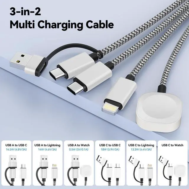 Alt view image 2 of 7 - 3in2 Multi Charging Cable 6-Charging Ways 0.75FT USB C/A to Magnetic Smartwatch Charger Data Cord 18W Travel Essentials for iPhone/AirPods/Samsung/Apple Watch
