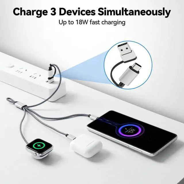 Alt view image 3 of 7 - 3in2 Multi Charging Cable 6-Charging Ways 0.75FT USB C/A to Magnetic Smartwatch Charger Data Cord 18W Travel Essentials for iPhone/AirPods/Samsung/Apple Watch