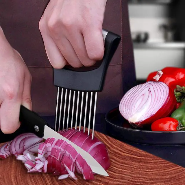 Alt view image 2 of 7 - 1PCS Stainless Steel Onion Holder Slicer, 2PCS Finger Guard, Holder Slicer for Vegetables, Tomato, Lemon, Meat