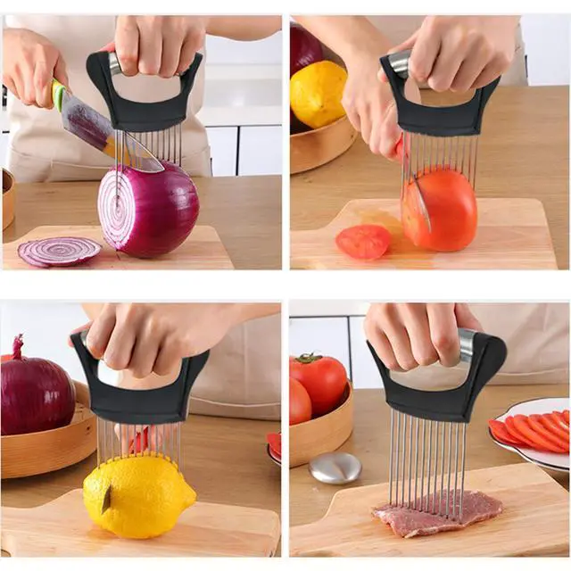 Alt view image 3 of 7 - 1PCS Stainless Steel Onion Holder Slicer, 2PCS Finger Guard, Holder Slicer for Vegetables, Tomato, Lemon, Meat