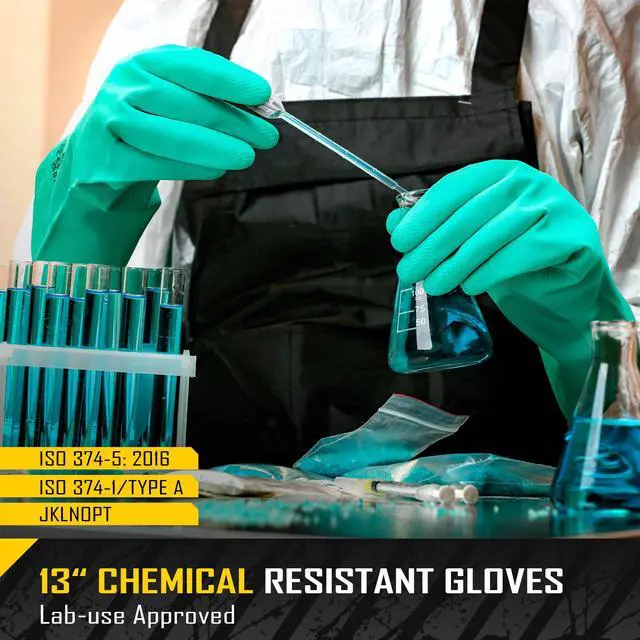Alt view image 4 of 7 - 18 Mil Chemical Resistant Nitrile Gloves 13" Long, Resist Household Acid, Alkali, Solvent and Oil, Latex Rubber Free