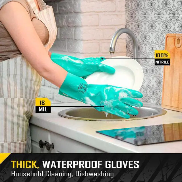 Alt view image 6 of 7 - 18 Mil Chemical Resistant Nitrile Gloves 13" Long, Resist Household Acid, Alkali, Solvent and Oil, Latex Rubber Free
