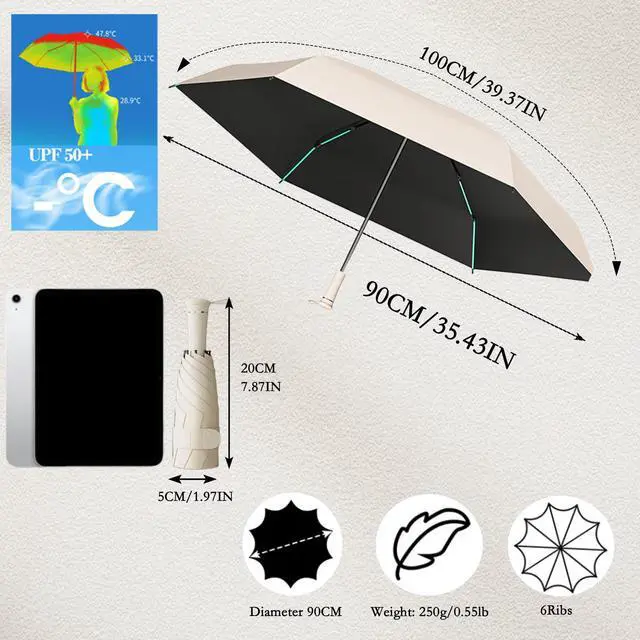 Alt view image 2 of 7 - Mini Folding Travel Umbrella with Built-in Hidden Telescoping Handle,Teflon Coating, UPF 50+,UV Protection,Compact Lightweight Portable,6 Ribs Design,Small,Sun/Rain,Women/ Kids/Girls,Backpack Car