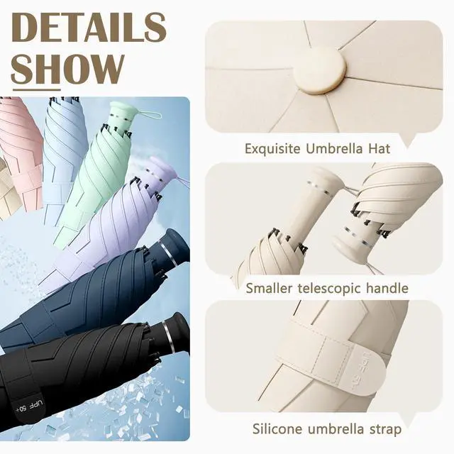 Alt view image 3 of 7 - Mini Folding Travel Umbrella with Built-in Hidden Telescoping Handle,Teflon Coating, UPF 50+,UV Protection,Compact Lightweight Portable,6 Ribs Design,Small,Sun/Rain,Women/ Kids/Girls,Backpack Car
