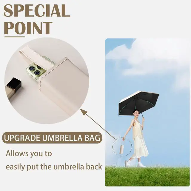 Alt view image 4 of 7 - Mini Folding Travel Umbrella with Built-in Hidden Telescoping Handle,Teflon Coating, UPF 50+,UV Protection,Compact Lightweight Portable,6 Ribs Design,Small,Sun/Rain,Women/ Kids/Girls,Backpack Car