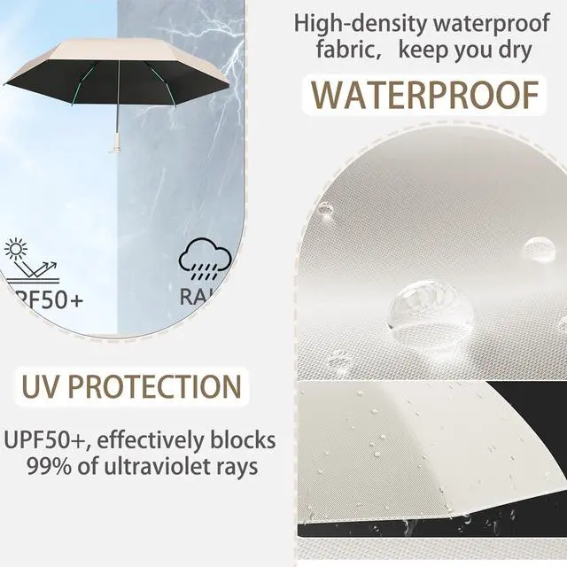 Alt view image 5 of 7 - Mini Folding Travel Umbrella with Built-in Hidden Telescoping Handle,Teflon Coating, UPF 50+,UV Protection,Compact Lightweight Portable,6 Ribs Design,Small,Sun/Rain,Women/ Kids/Girls,Backpack Car