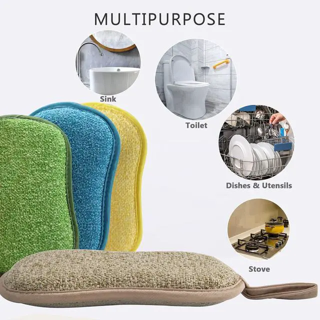 Alt view image 5 of 6 - Kitchen Scrub Sponges, Heavy Duty Cleaning Non-Scratch Scrub Sponge, Reusable Microfiber Sponge for Household Cleaning, Random Colors (Multicolour)
