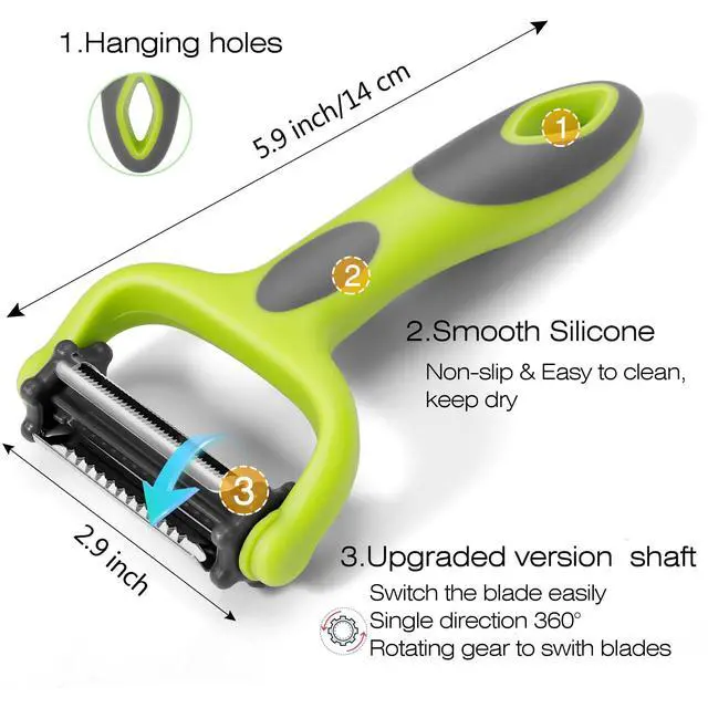 Alt view image 2 of 7 - Julienne Peeler, Potato Vegetable Peeler for Kitchen, I and Y Potato Peelers for Apple Fruit Carrot Zucchini Cucumber Veggie, 3 in 1 Blade Spin Design, Anti-Slip Handle