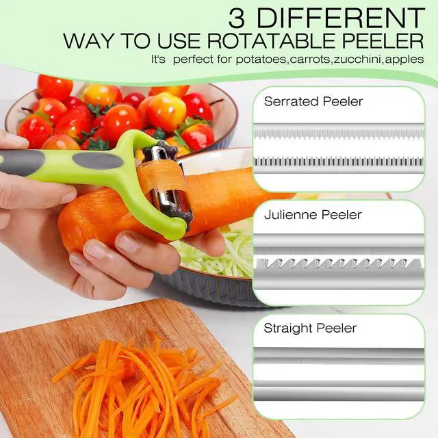 Alt view image 3 of 7 - Julienne Peeler, Potato Vegetable Peeler for Kitchen, I and Y Potato Peelers for Apple Fruit Carrot Zucchini Cucumber Veggie, 3 in 1 Blade Spin Design, Anti-Slip Handle