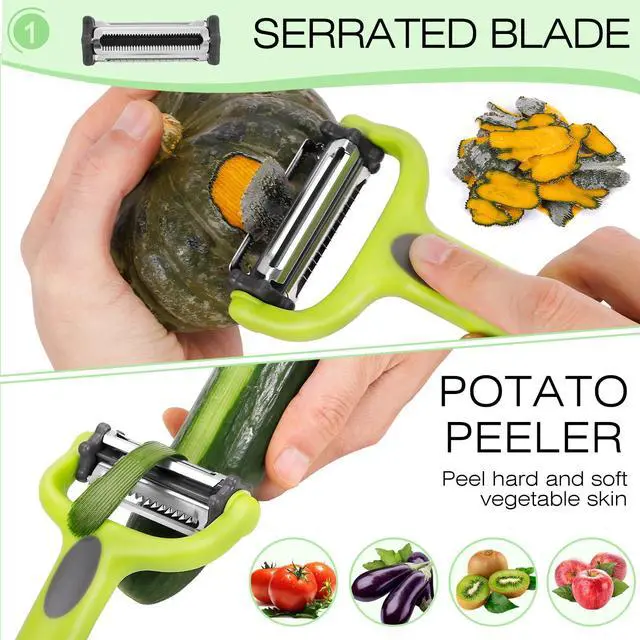 Alt view image 4 of 7 - Julienne Peeler, Potato Vegetable Peeler for Kitchen, I and Y Potato Peelers for Apple Fruit Carrot Zucchini Cucumber Veggie, 3 in 1 Blade Spin Design, Anti-Slip Handle