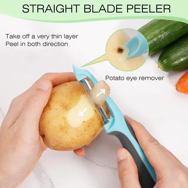 Alt view image 6 of 7 - Julienne Peeler, Potato Vegetable Peeler for Kitchen, I and Y Potato Peelers for Apple Fruit Carrot Zucchini Cucumber Veggie, 3 in 1 Blade Spin Design, Anti-Slip Handle