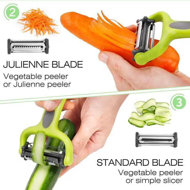 Alt view image 5 of 7 - Julienne Peeler, Potato Vegetable Peeler for Kitchen, I and Y Potato Peelers for Apple Fruit Carrot Zucchini Cucumber Veggie, 3 in 1 Blade Spin Design, Anti-Slip Handle