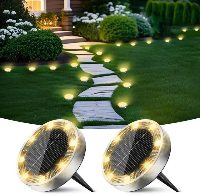 Main image of Solar Ground Lights Outdoor, 2 Pack Flat Solar Powered Disc Lights, IP68 Waterproof, Anti-Rust, Landscape Lighting for Pathway Garden Yard Lawn Walkway Landscape Driveway, Mini, Warm White