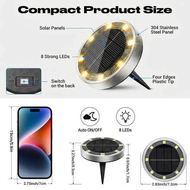 Alt view image 5 of 7 - Solar Ground Lights Outdoor, 2 Pack Flat Solar Powered Disc Lights, IP68 Waterproof, Anti-Rust, Landscape Lighting for Pathway Garden Yard Lawn Walkway Landscape Driveway, Mini, Warm White