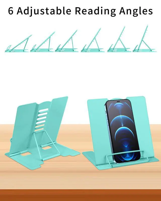 Alt view image 5 of 7 - Small Desk Book Stand Metal Reading Rest Book Holder Adjustable Cookbook Documents Holder Portable Sturdy Bookstands for Recipes Textbooks Tablet Music Books(Light Green)