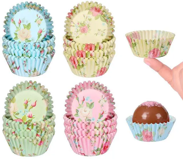 Main image of Floral Mini Cupcake Liners 400 Count Colorful Paper Baking Cups Food Grade Disposable Cupcake Wrappers Bright Colors Muffin Cups for Wedding Birthday Tea Party Baking Supplies