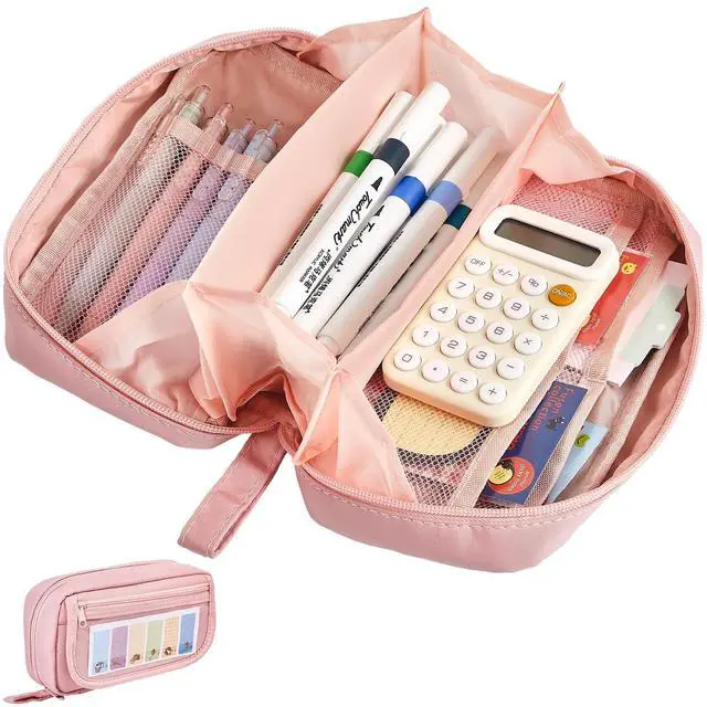 Main image of Large Pencil Case, Wide Opening Pencil Pouch with Zipper, Multi-layer Aesthetic Pen Bag for Teens Girls Women, Portable Pen Holder for Office College School (Pink)