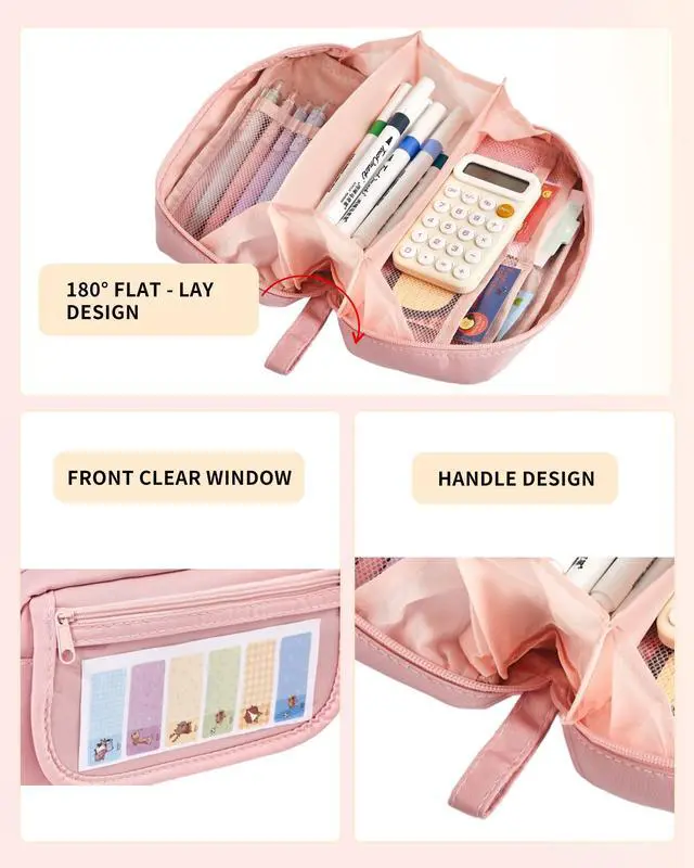 Alt view image 5 of 7 - Large Pencil Case, Wide Opening Pencil Pouch with Zipper, Multi-layer Aesthetic Pen Bag for Teens Girls Women, Portable Pen Holder for Office College School (Pink)