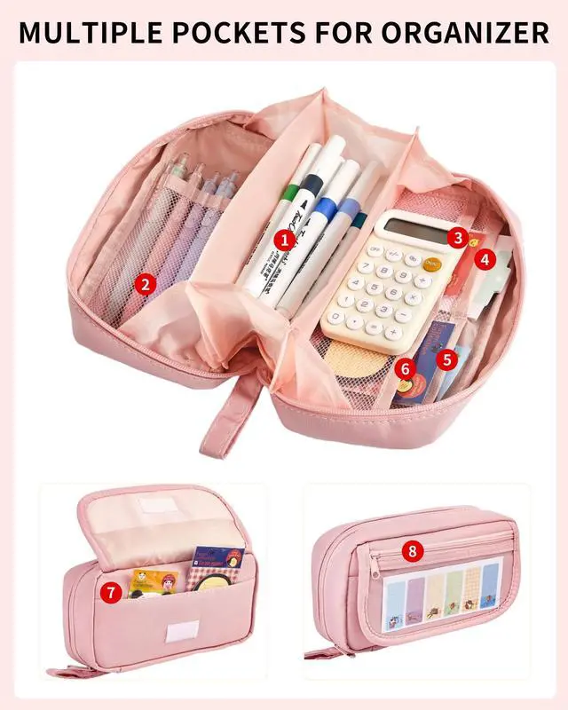 Alt view image 4 of 7 - Large Pencil Case, Wide Opening Pencil Pouch with Zipper, Multi-layer Aesthetic Pen Bag for Teens Girls Women, Portable Pen Holder for Office College School (Pink)