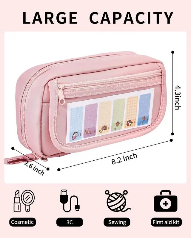 Alt view image 3 of 7 - Large Pencil Case, Wide Opening Pencil Pouch with Zipper, Multi-layer Aesthetic Pen Bag for Teens Girls Women, Portable Pen Holder for Office College School (Pink)