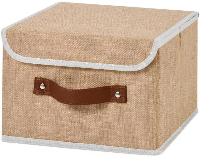 Main image of Collapsible Storage Boxes Baskets with Lid Cotton Linen Fabric Storage Bins with Faux Leather Handles Decorative Washable Cube Organizer Container for Home Closet Bedroom (Linen, Small Size)