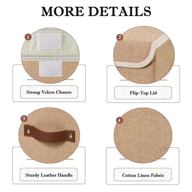 Alt view image 2 of 7 - Collapsible Storage Boxes Baskets with Lid Cotton Linen Fabric Storage Bins with Faux Leather Handles Decorative Washable Cube Organizer Container for Home Closet Bedroom (Linen, Small Size)