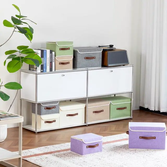 Alt view image 4 of 7 - Collapsible Storage Boxes Baskets with Lid Cotton Linen Fabric Storage Bins with Faux Leather Handles Decorative Washable Cube Organizer Container for Home Closet Bedroom (Linen, Small Size)