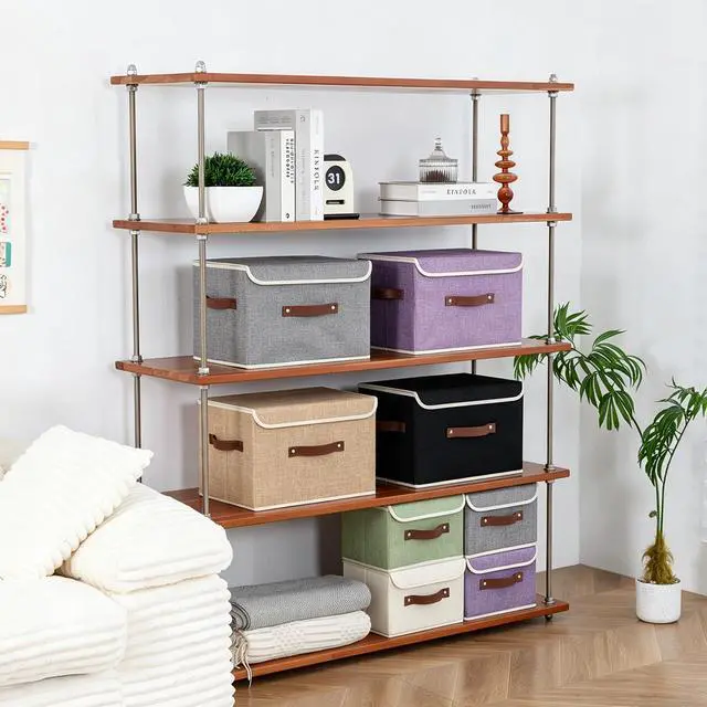 Alt view image 6 of 7 - Collapsible Storage Boxes Baskets with Lid Cotton Linen Fabric Storage Bins with Faux Leather Handles Decorative Washable Cube Organizer Container for Home Closet Bedroom (Linen, Small Size)