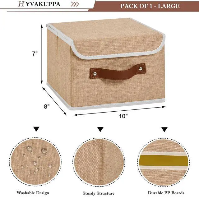 Alt view image 3 of 7 - Collapsible Storage Boxes Baskets with Lid Cotton Linen Fabric Storage Bins with Faux Leather Handles Decorative Washable Cube Organizer Container for Home Closet Bedroom (Linen, Small Size)