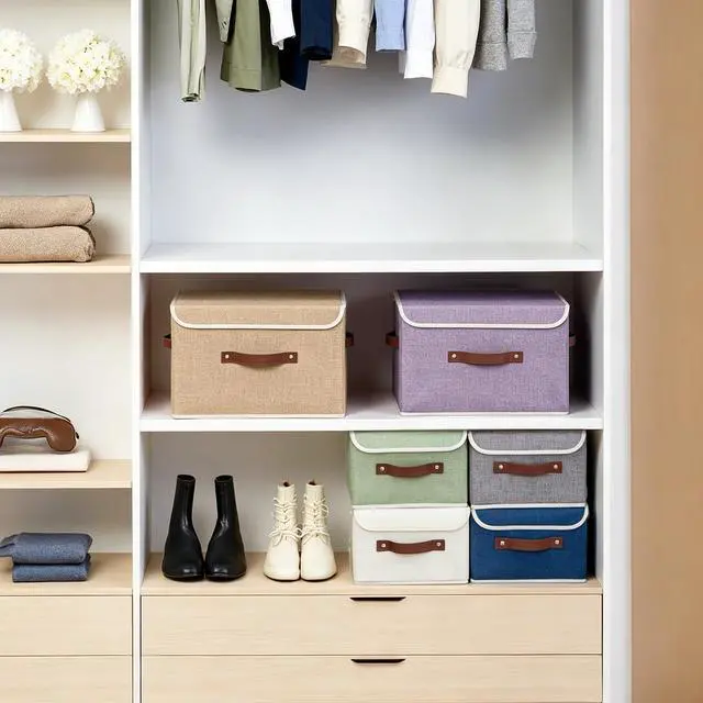 Alt view image 5 of 7 - Collapsible Storage Boxes Baskets with Lid Cotton Linen Fabric Storage Bins with Faux Leather Handles Decorative Washable Cube Organizer Container for Home Closet Bedroom (Linen, Small Size)