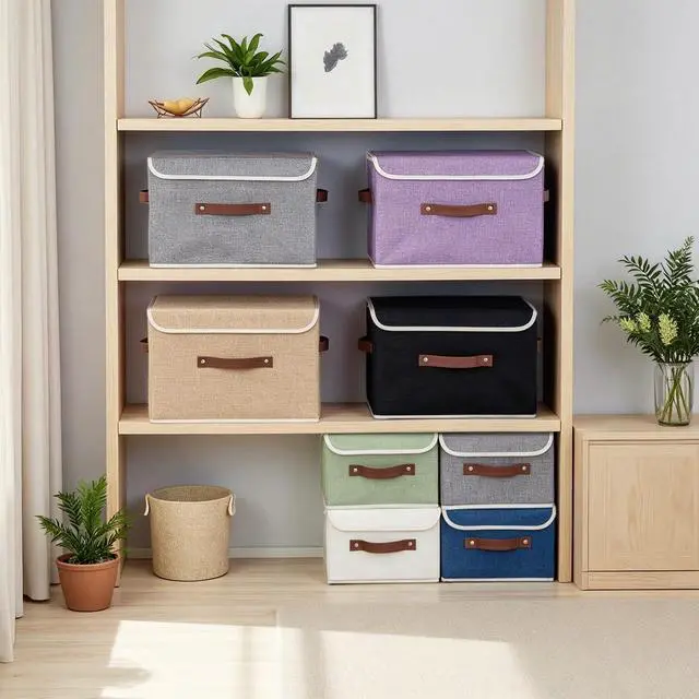 Alt view image 7 of 7 - Collapsible Storage Boxes Baskets with Lid Cotton Linen Fabric Storage Bins with Faux Leather Handles Decorative Washable Cube Organizer Container for Home Closet Bedroom (Linen, Small Size)