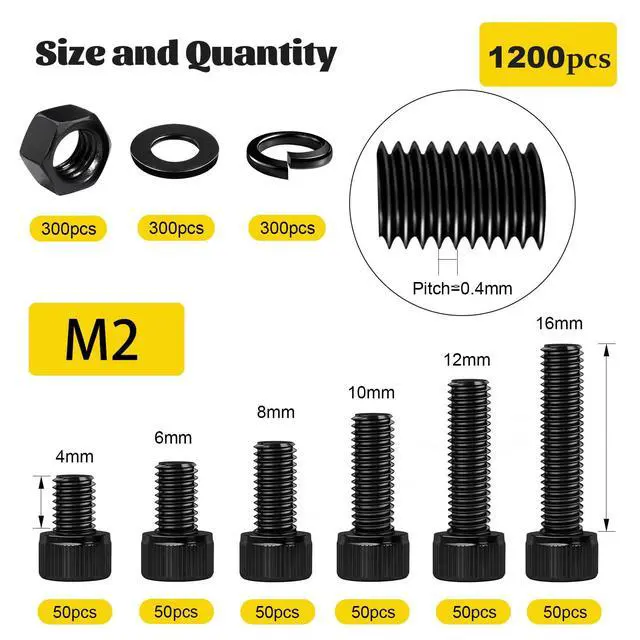 Alt view image 2 of 7 - 1198pcs M2 Hex Socket Head Screws, Nuts and Washers Assortment Kit