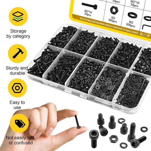 Alt view image 4 of 7 - 1198pcs M2 Hex Socket Head Screws, Nuts and Washers Assortment Kit