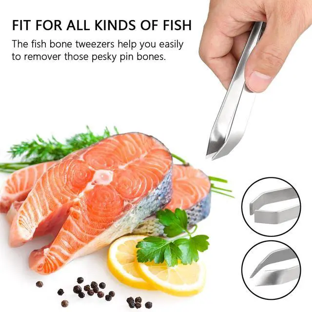 Alt view image 2 of 7 - 4 Pieces Fish Bone Tweezers Set, Two 4.6" Stainless Steel Tweezer and Two 5.5" Tongs for Cooking Food Design styling.