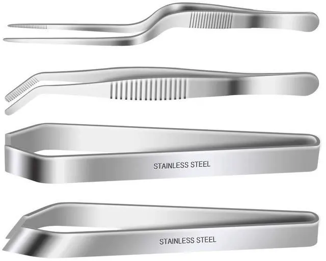 Main image of 4 Pieces Fish Bone Tweezers Set, Two 4.6" Stainless Steel Tweezer and Two 5.5" Tongs for Cooking Food Design styling.