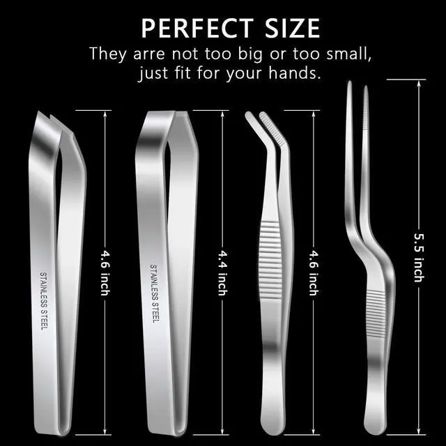 Alt view image 4 of 7 - 4 Pieces Fish Bone Tweezers Set, Two 4.6" Stainless Steel Tweezer and Two 5.5" Tongs for Cooking Food Design styling.
