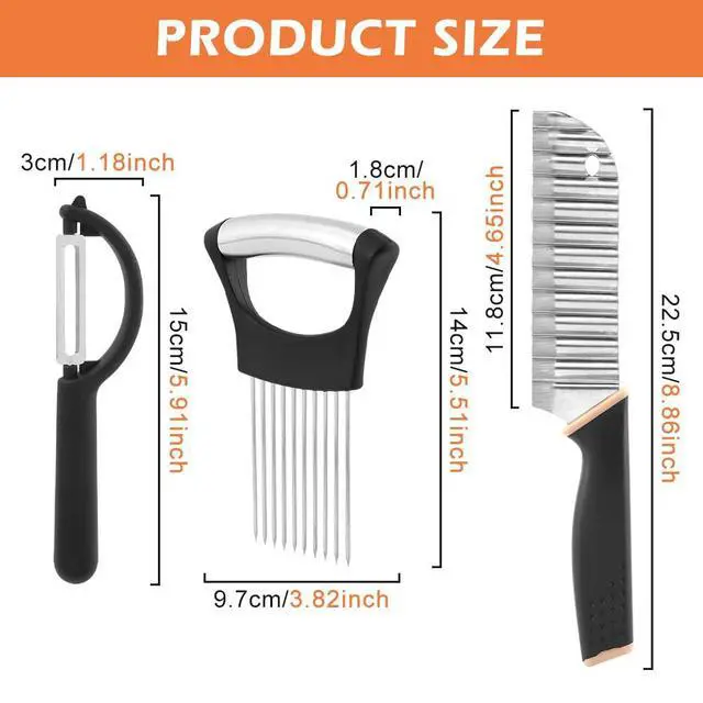 Alt view image 2 of 7 - Crinkle Cutter with Onion Holder for Slicing and P-type Peeler, Stainless Steel Wavy Slicer with Handle, Crinkle Cutter for Veggies, Potatoes(Set of 3)