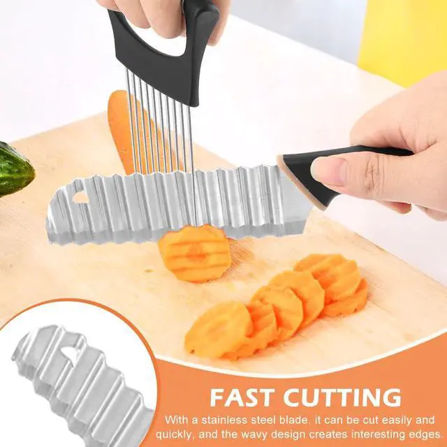Alt view image 4 of 7 - Crinkle Cutter with Onion Holder for Slicing and P-type Peeler, Stainless Steel Wavy Slicer with Handle, Crinkle Cutter for Veggies, Potatoes(Set of 3)