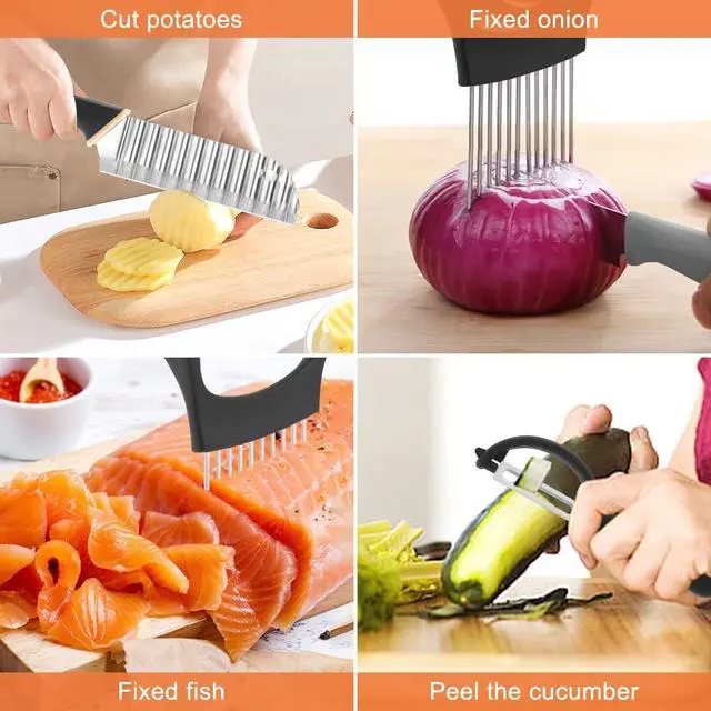 Alt view image 5 of 7 - Crinkle Cutter with Onion Holder for Slicing and P-type Peeler, Stainless Steel Wavy Slicer with Handle, Crinkle Cutter for Veggies, Potatoes(Set of 3)