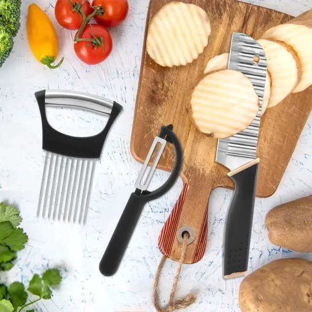 Alt view image 7 of 7 - Crinkle Cutter with Onion Holder for Slicing and P-type Peeler, Stainless Steel Wavy Slicer with Handle, Crinkle Cutter for Veggies, Potatoes(Set of 3)