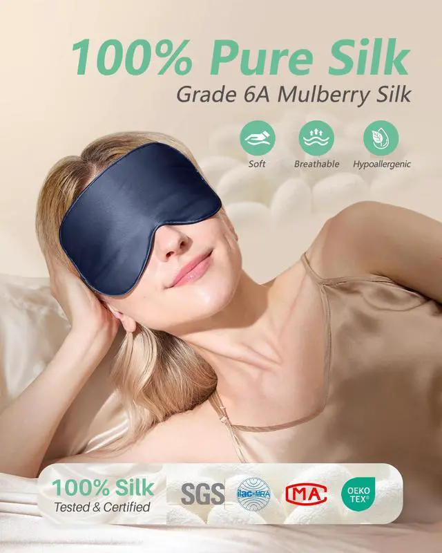 Alt view image 2 of 7 - 100% Mulberry Silk Sleep Mask, Blackout Eye Masks(Black & Blue)