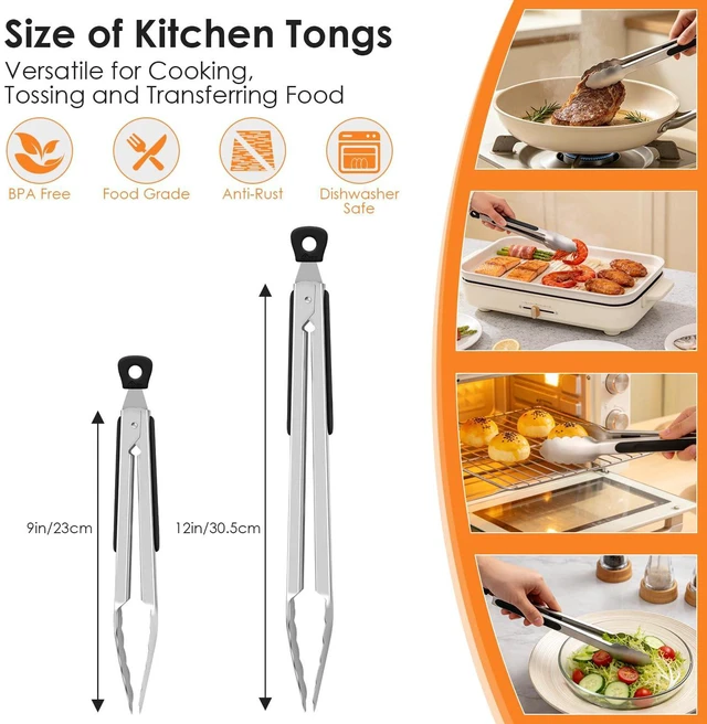 Alt view image 2 of 7 - Stainless Steel Kitchen Tongs Set of 2-9" and 12", Locking Metal Cooking Tongs with Non-Slip Grip for Serving, BBQ, Grill & Air Fryer