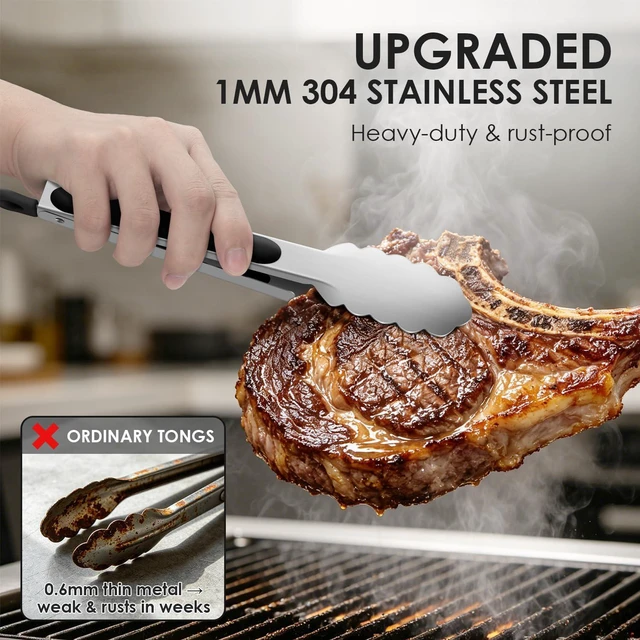 Alt view image 3 of 7 - Stainless Steel Kitchen Tongs Set of 2-9" and 12", Locking Metal Cooking Tongs with Non-Slip Grip for Serving, BBQ, Grill & Air Fryer