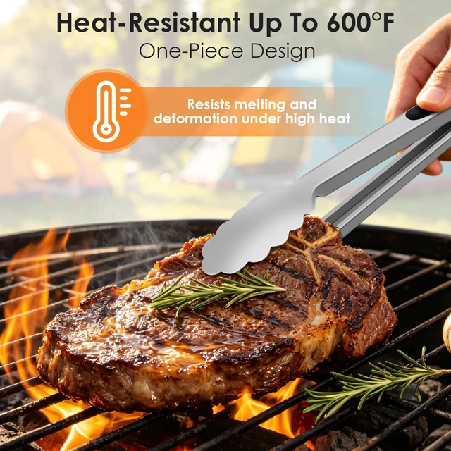 Alt view image 5 of 7 - Stainless Steel Kitchen Tongs Set of 2-9" and 12", Locking Metal Cooking Tongs with Non-Slip Grip for Serving, BBQ, Grill & Air Fryer